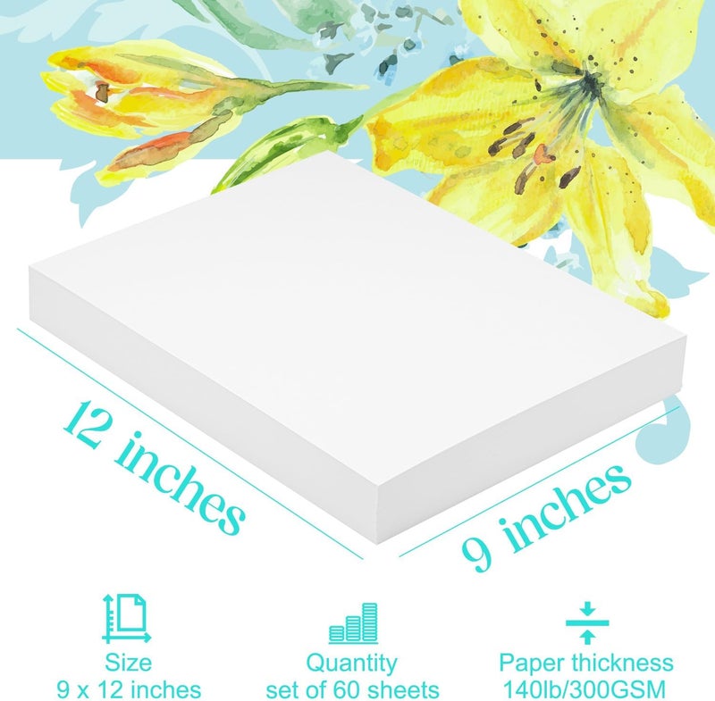 Magecubiku ورق ميديا مختلطة 60 ورقة، 9 × 12 بوصة 140 رطل/300 جرام كثافة ورق قطن ثقيل ناعم/ملمس متوسط الخشونة للفنون المائية، غواش، علامات، رسم، تخطيط - Image 4